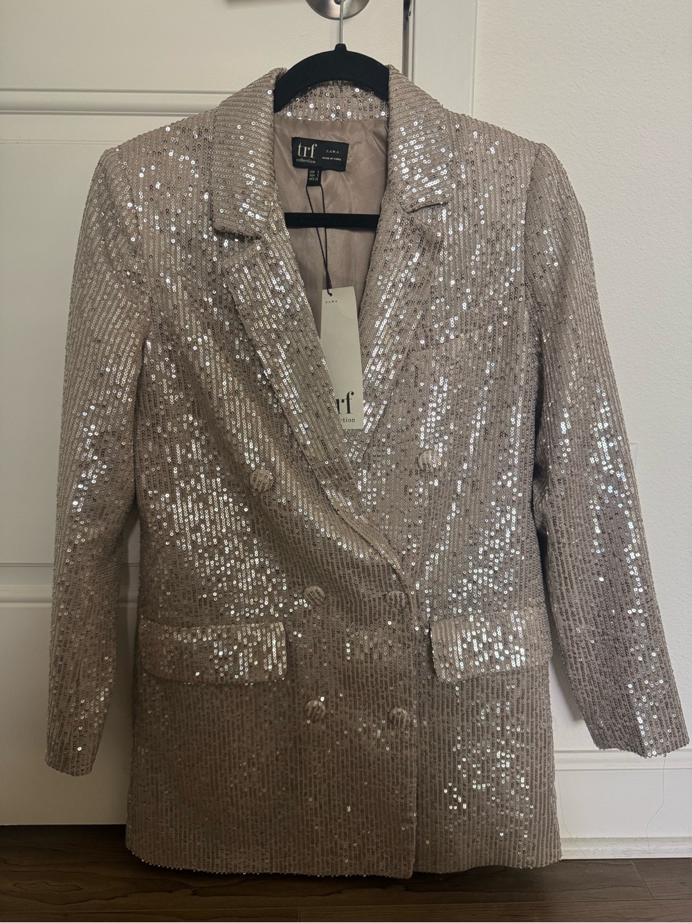 Zara Sequin Double-Breasted Blazer in Champagne sequin Beige